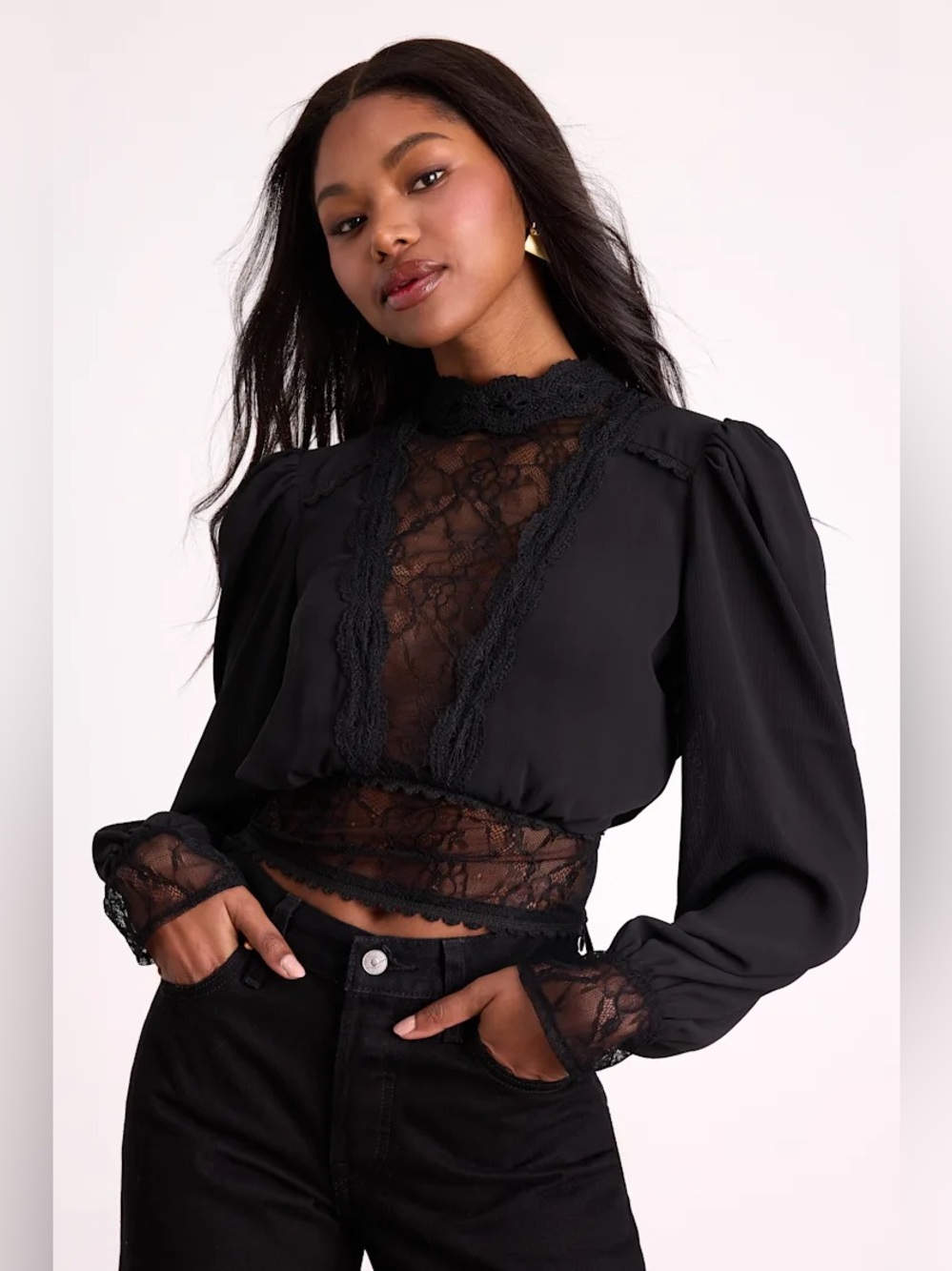 Lulus Lexia Black Lace Long Sleeve Top